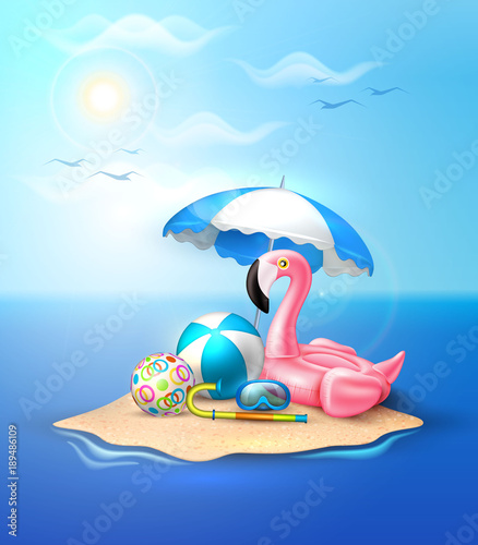 Vector flamingo inflatable pool ring on beach