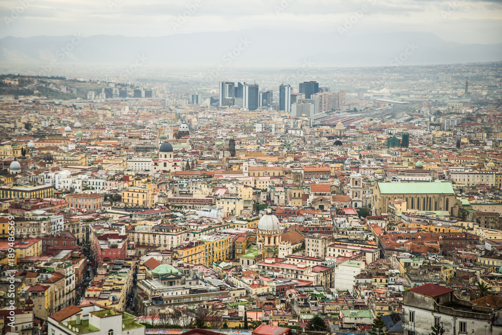 Naples, Italy - November 30 2017: Panoramic view of the italian city by Vesuvius
