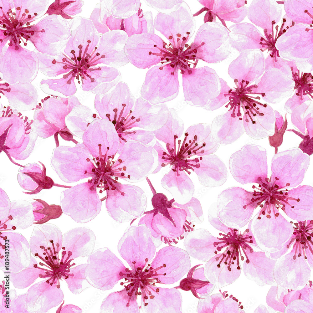 Cherry blossoms painted with watercolors, seamless pattern for design.