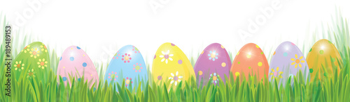 Vector Easter eggs in green grass solated border  Easter background.