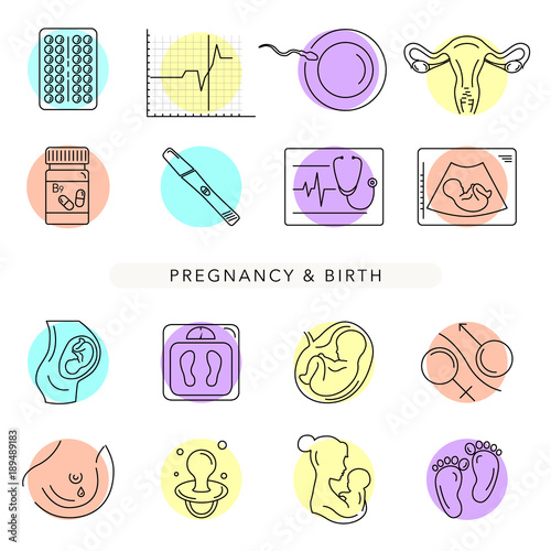 Pregnancy and childbirth. Vector line icons.