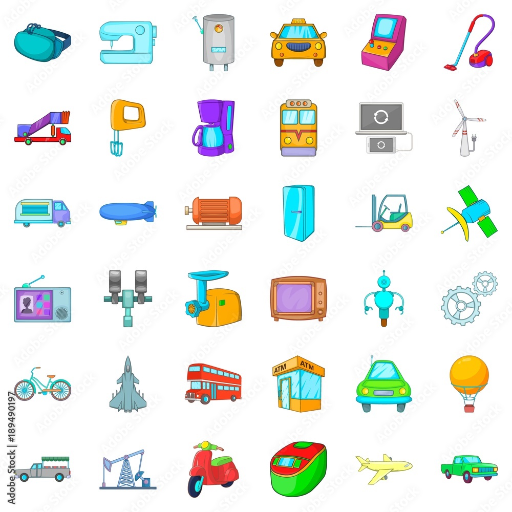 Machine icons set, cartoon style