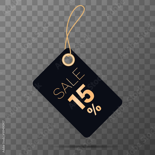 15% black discount tag. Black tag with gold text. Vector discount label for design banners and flyers.