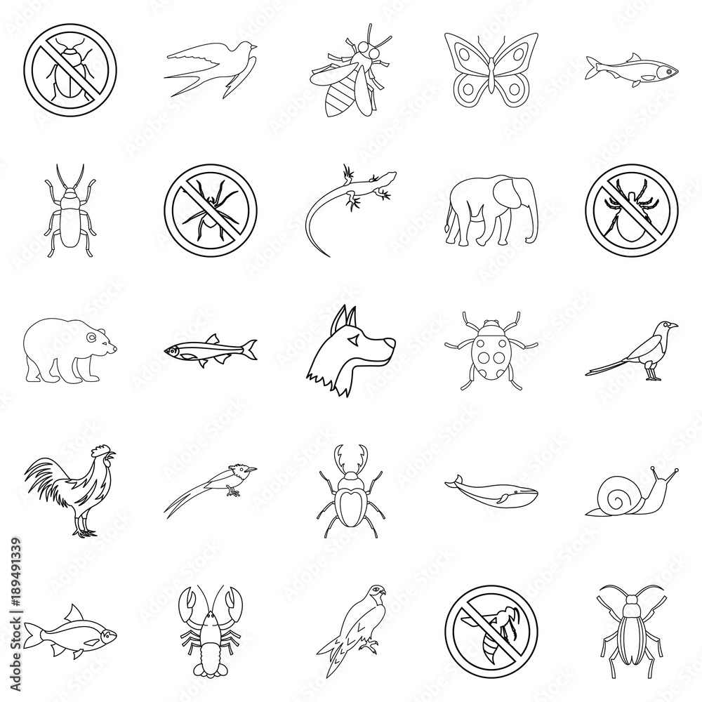 Faunal icons set, outline style