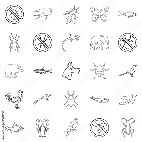Faunal icons set  outline style