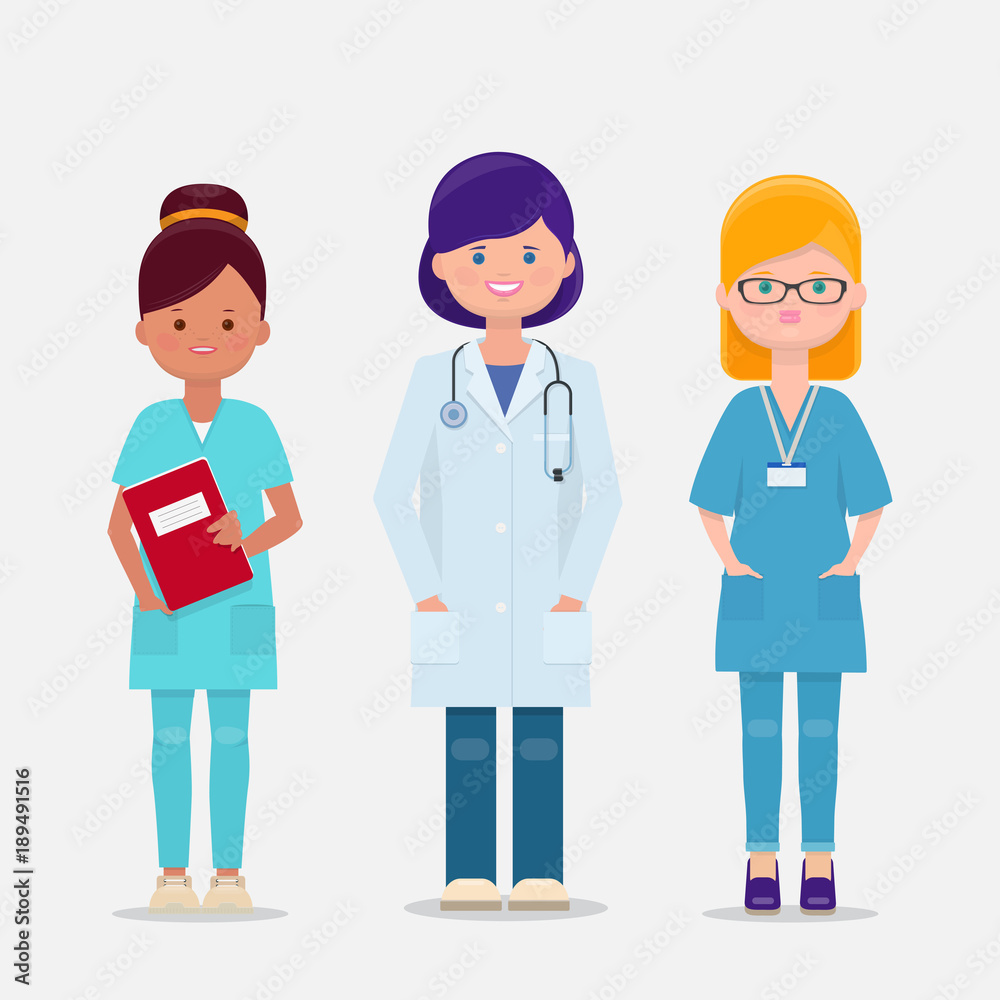 Vector set of three female doctor and nurses.