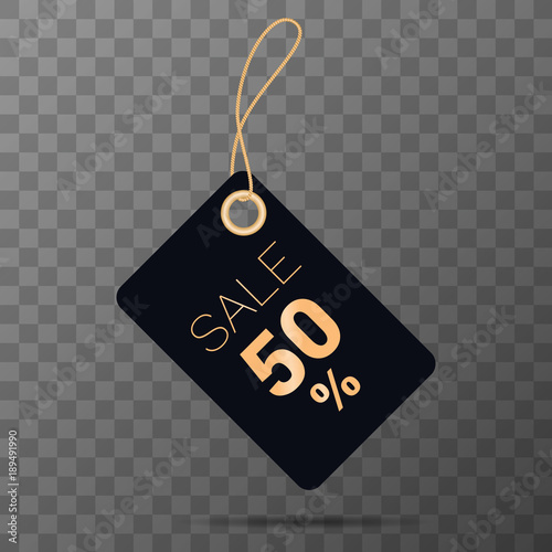 50% black discount tag. Black tag with gold text. Vector discount label for design banners and flyers.