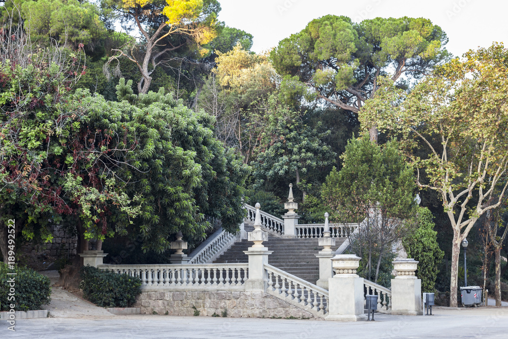 Obraz premium Park,stairs and garden in parc montjuic,Barcelona.