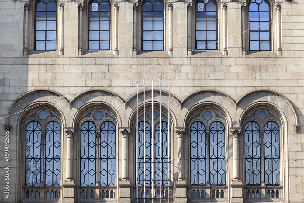 Detail facade historic building of University, square, Plaza Universitat. Barcelona.