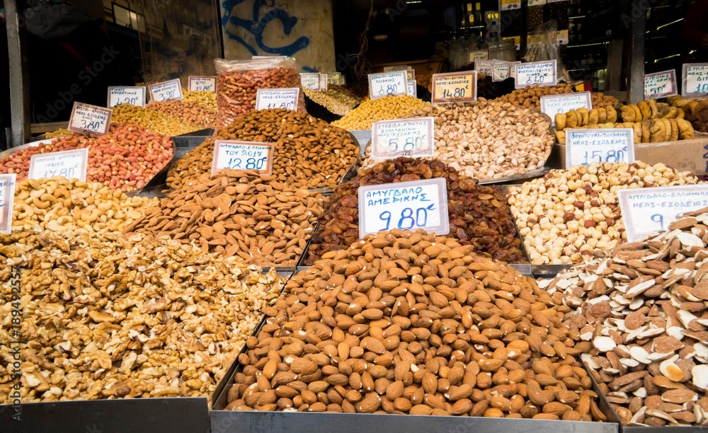 Mixed nuts and dried fruits in market stall Mixed nuts and dried fruits in market stall