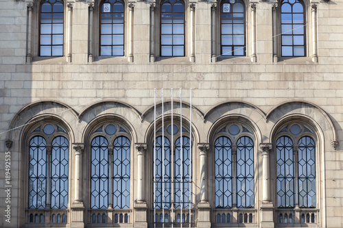 Detail facade historic building of University, square, Plaza Universitat. Barcelona. photo