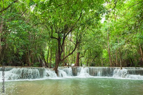 Wonderful green waterfall and nice for relaxation  Breathtaking and amazing green water at the evergreen forest  Erawan waterfall located Khanchanaburi Province  Thailand