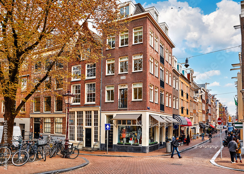 Canvas Print Amsterdam. Autumn streets with traditional houses. Urban