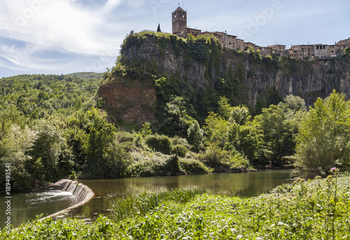 Landscape,river and small village view of Castellfollit de la Roca,Catalonia,Spain. photo