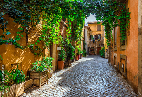 Vászonkép Old street in Trastevere, Rome, Italy.