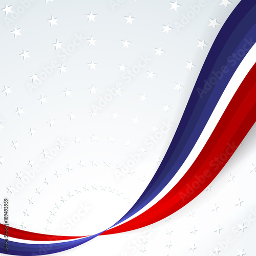 Patriotic background of colors of the national flag of USA smooth abstract wavy lines on the background of the pattern of stars Template banner poster card on Independence Day Element of design Vector
