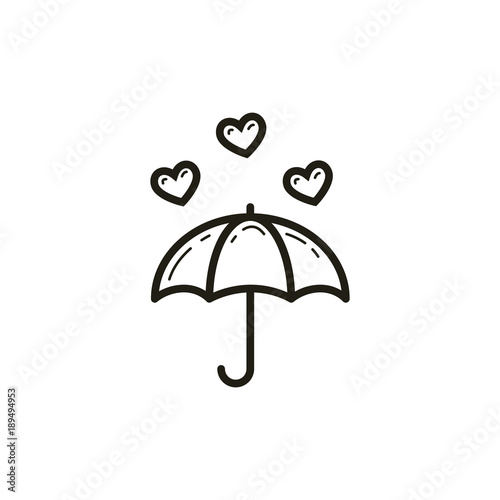 black and white linear umbrella icon in the rain of hearts