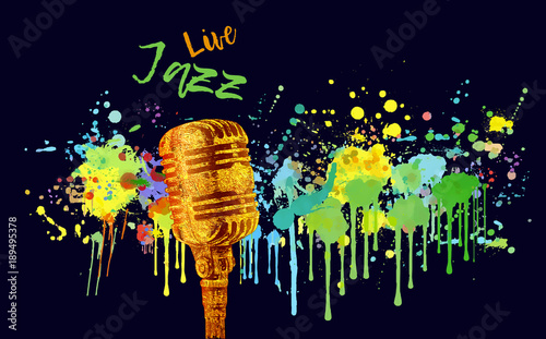 Live Jazz. Party invitation poster design template with retro microphone on grungy splash vector paint, watercolor colorful background. Flyer invitation illustration