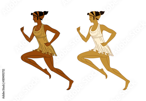 Running woman in the Greek style red-figured pottery. Vector. Isolated on white background