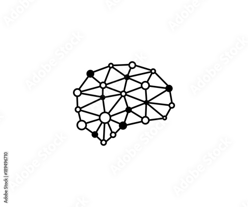 Brain blockchain logo template black. Neuronal digital communication vector design. Mind dots illustration