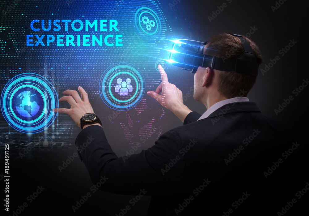 Business, Technology, Internet and network concept. Young businessman working on a virtual screen of the future and sees the inscription: Customer experience