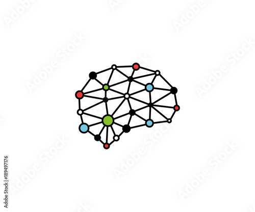 Brain blockchain logo template colorful. Neuronal digital communication vector design. Mind dots illustration