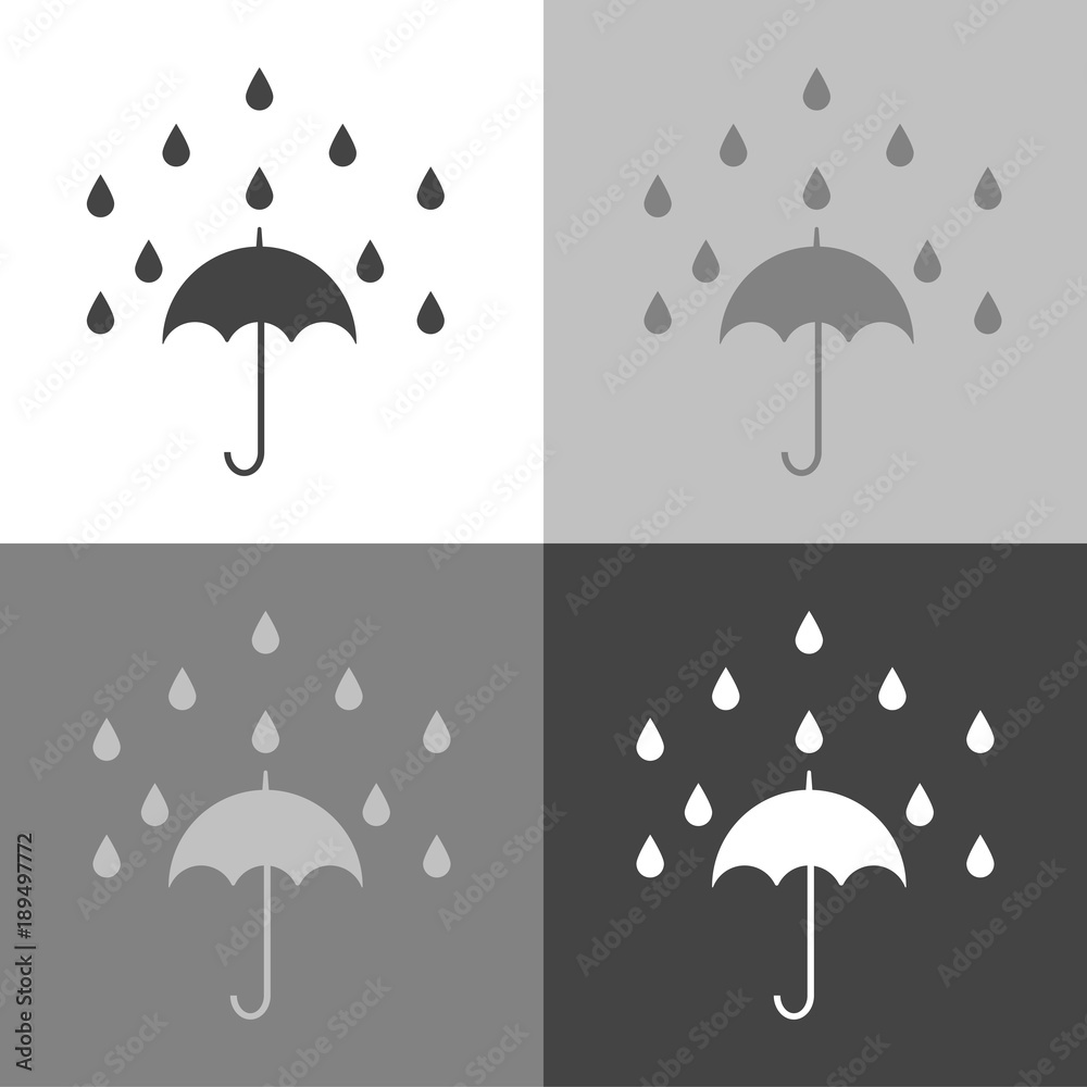 Umbrella and rain. Set vector icon umbrella on white-grey-black color