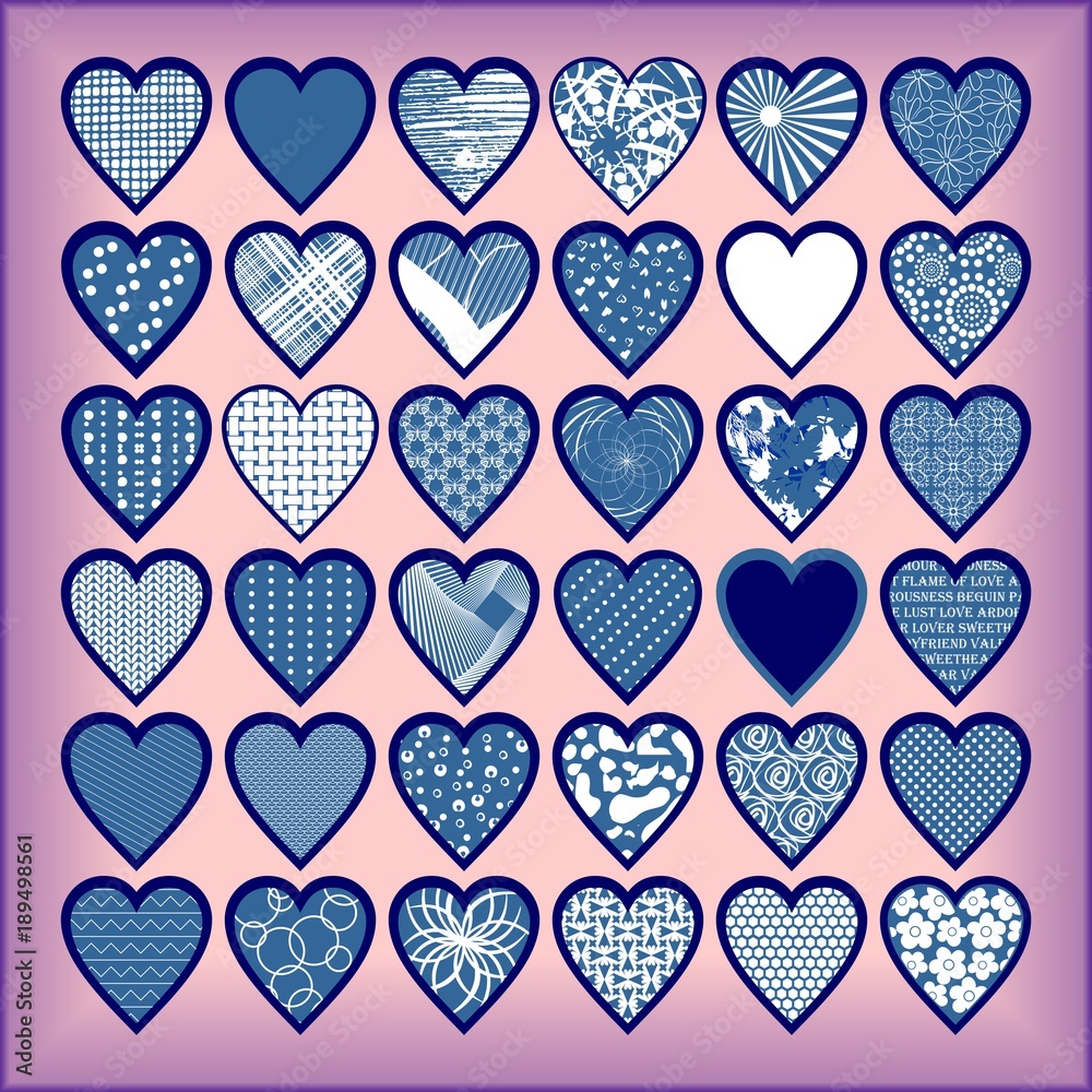 Blue hearts on a lilac background