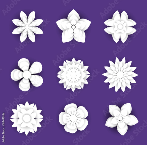 Flowers paper cut background set. Floral collection 3d style, papercut. Elements for your design. Carving or origami style. Vector illustration