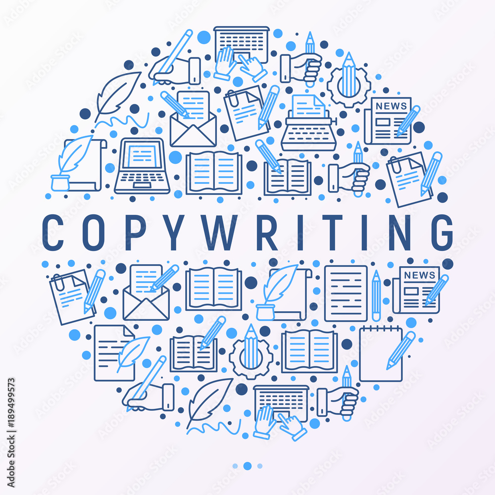 Fototapeta premium Copywriting concept in circle with thin line icons: letter, e-mail, book, blogging, hand with pen, feather, typewriter, article, seo. Modern vector illustration for web page template, banner.