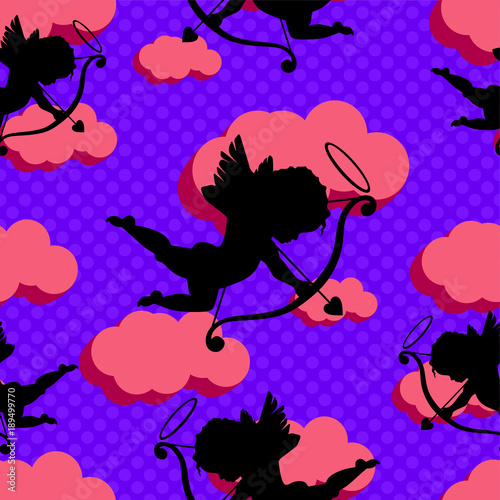 seamless texture for Valentine s Day with Cupids and pink clouds on purple sky