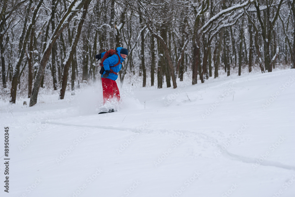 Snowboarder is riding in a deep snow, along the forest slope