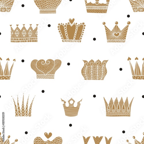 Gold crown and polka dot. Cute seamless pattern.