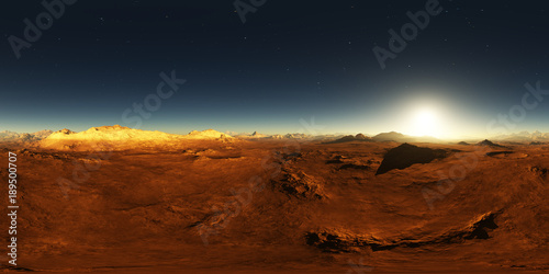 360 HDRI panorama of Mars sunset. Martian landscape, environment map. Equirectangular projection, spherical panorama. 3d illustration