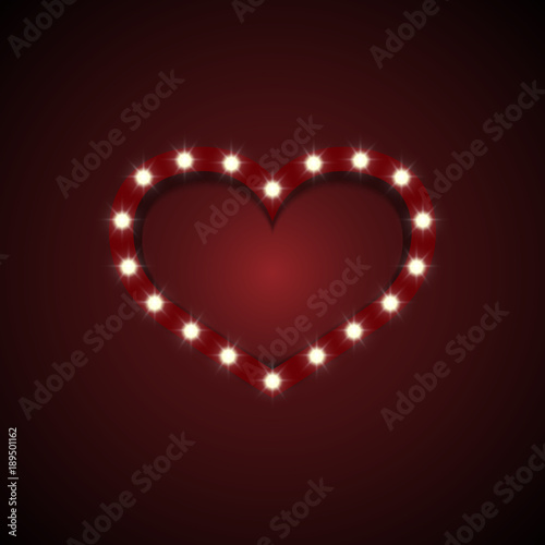 Heart retro light sign on red background.