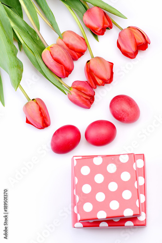 Bouquet of spring tulips for holiday. Happy holiday concept.