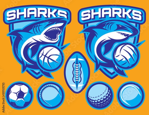 set of vector templates for sports badges with sharks and balls