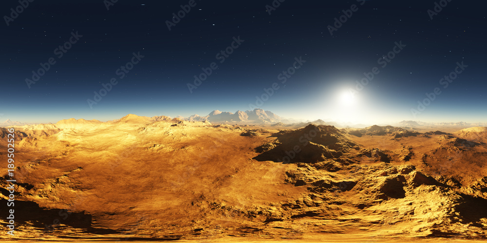 Obraz premium Panorama of Mars sunset. Martian landscape, environment 360 HDRI map. Equirectangular projection, spherical panorama. 3d illustration