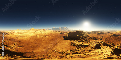 Fototapeta Naklejka Na Ścianę i Meble -  Panorama of Mars sunset. Martian landscape, environment 360 HDRI map. Equirectangular projection, spherical panorama. 3d illustration