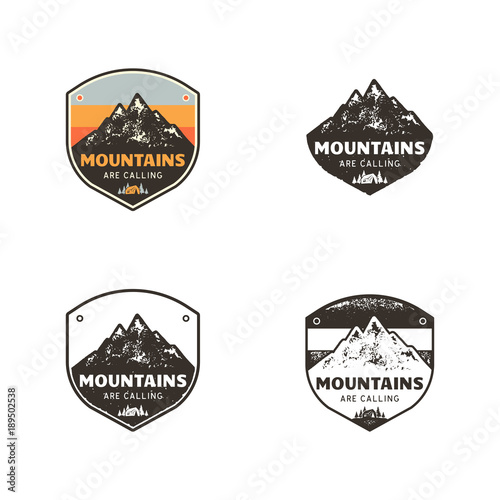 Ski Club, Mountains Explorer Labels. Vintage hand drawn mountain winter camp badges. Outdoor adventure ski camp logo design. Travel patch, hipster print. Retro colors, black emblems. Stock Vector