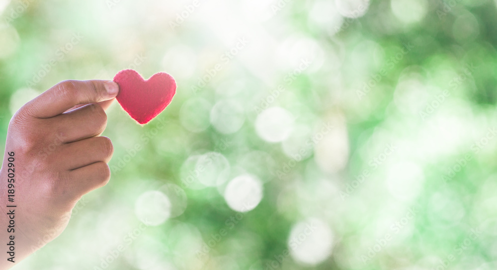 Red heart in hand with nature background. Red heart in hand with nature background.
