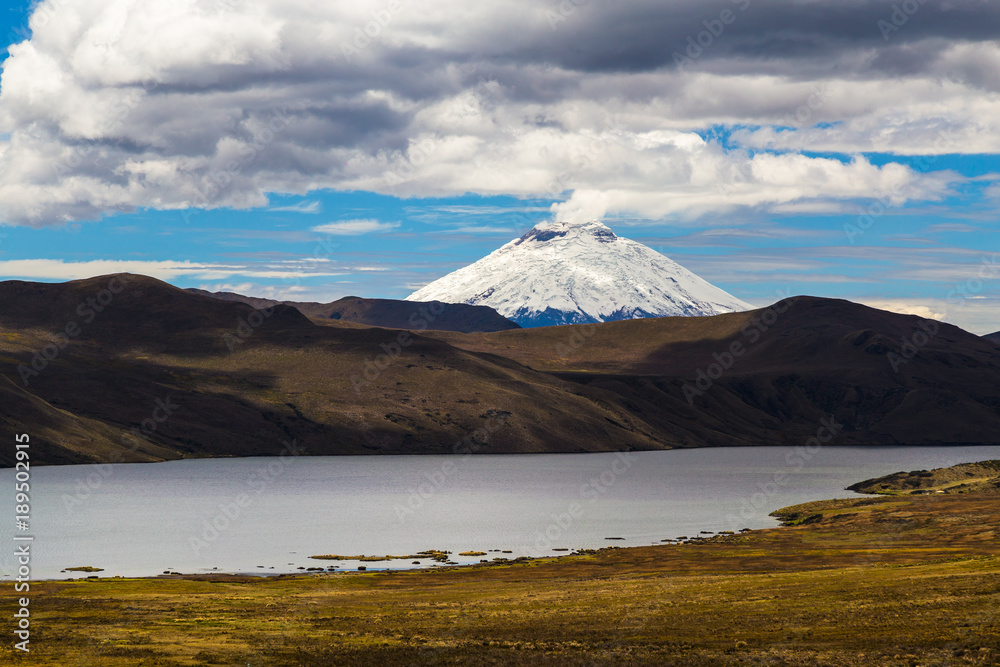 Cotopaxi Volcano seen from the Antisana Reserve with the Mica lagoon Cotopaxi Volcano seen from the Antisana Reserve with the Mica lagoon