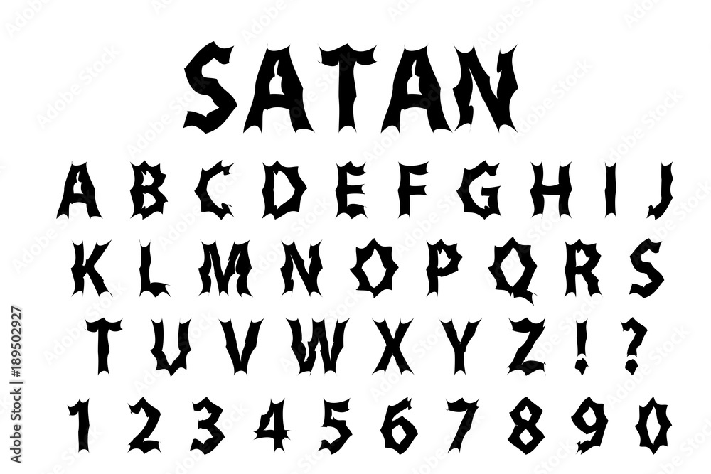 Satan typography scary font. Lettering typeface gloomy hellouvin style. Trendy alphabet rock, goth, punk Latin letters from A to Z. Isolated on white background. Vector illustration
