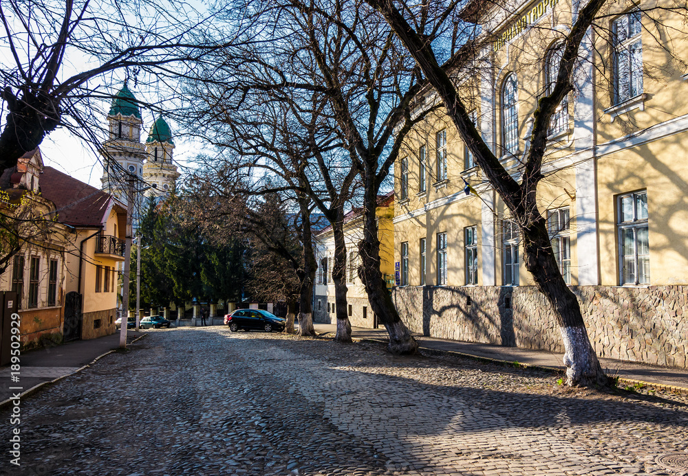 street of old town in sunny spring day. cobblestone road, beautiful architecture and old Cathedral in the distance