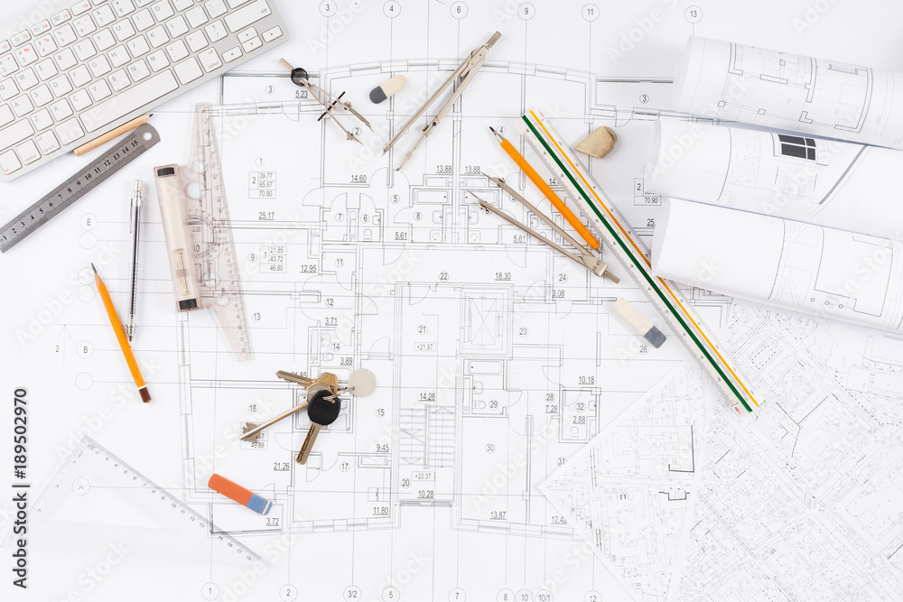 Architectural project, engineering tools on table. Architectural project, engineering tools on table.
