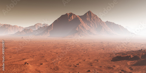 Fototapeta Naklejka Na Ścianę i Meble -  Sunset on Mars, dust obscured Martian landscape. 3D illustration