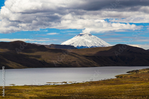 Cotopaxi Volcano seen from the Antisana Reserve with the Mica lagoon