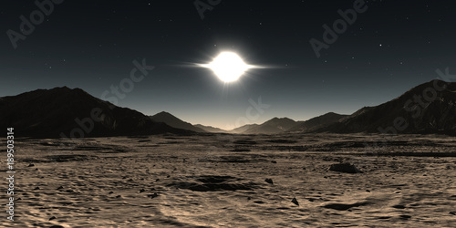 Fototapeta Naklejka Na Ścianę i Meble -  Mercury planet landscape. Sunset on Mercury with sun corona. 3D illustration