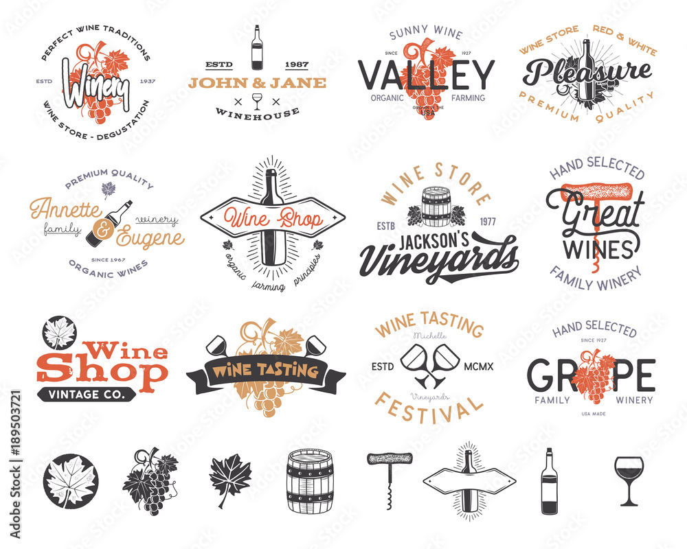 Wine logos, labels set. Winery, wine shop, vineyards badges collection. Retro Drink symbol. Typographic design vector illustration. Stock vector emblems and icons isolated on white background