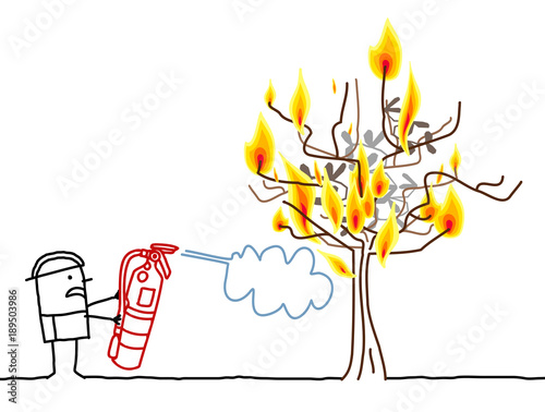 Cartoon Fireman and Burning Tree